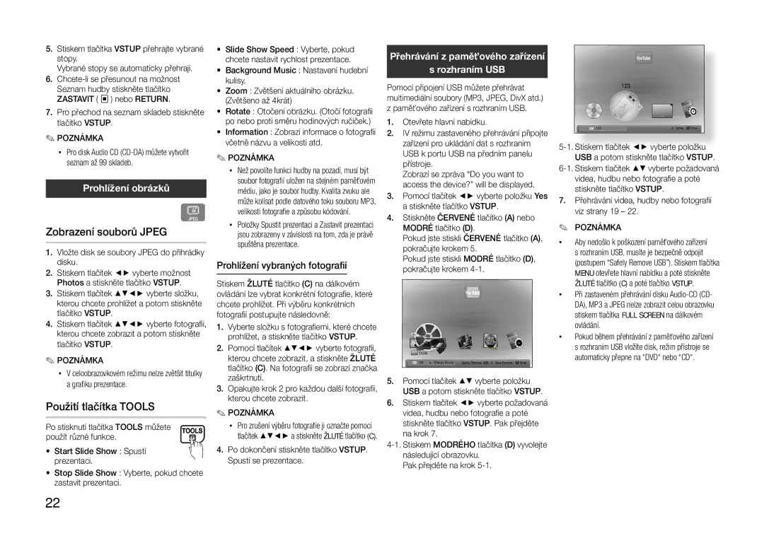 Samsung BD-E5300/EN, BD-E5300/TK manual Zobrazení souborů Jpeg, Použití tlačítka Tools, Prohlížení obrázků,  rozhraním USB 